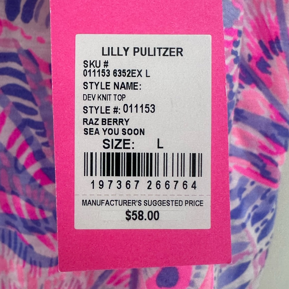NWT LILLY PULITZER DEV KNIT TOP RAZ BERRY
SEA YOU SOON PINK SHELL BLOUSE SIZE L - Picture 2 of 4